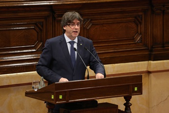 El president Puigdemont, aquest matí, durant la seva intervenció