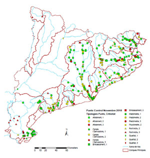 Mapa amb els més de 130 punts de la xarxa de control hidrològica. 