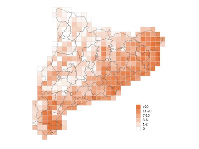 Distribució d'exòtiques invasores catalogades per quadrícula 10 x 10 km a Catalunya. Període 2015-2018 Distribució d'exòtiques invasores catalogades per quadrícula 10 x 10 km a Catalunya. Període 2015-2018