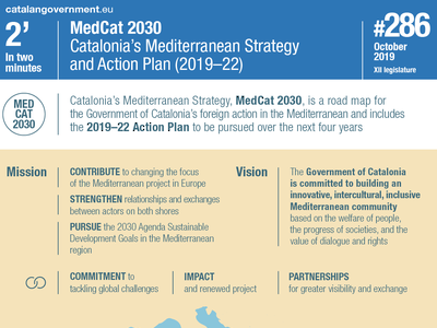 Catalonia's Mediterranean Strategy, MedCat 2030, is a road map for the Government of Catalonia's foreign action in the Mediterranean and includes the 2019-22 Action Plan to be pursued over the next four years.
