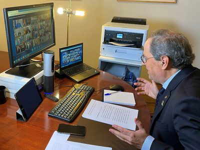 El president Torra, durant la reunió per videoconferència des de la Casa dels Canonges
