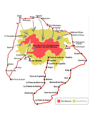 Plànol del recorregut que fan els serveis de bus al Parc Nacional d'Aigüestortes i Estany de Sant Maurici Plànol del recorregut que fan els serveis de bus al Parc Nacional d'Aigüestortes i Estany de Sant Maurici