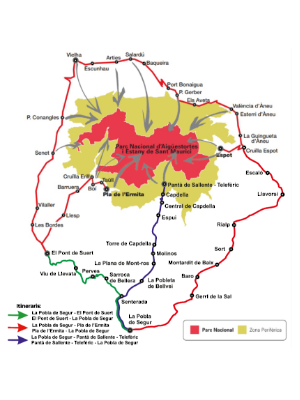Plànol dels serveis de Bus al Parc Nacional d'Aigüestortes i Estany de Sant Maurici
