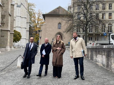 D'esquerra a dreta, el director general de Cooperació al Desenvolupament, Josep Desquens; el delegat del Govern a Suïssa, Gabriel Boichat; la consellera Victòria Alsina; i el secretari d'Acció Exterior del Govern, Gerard Figueras.