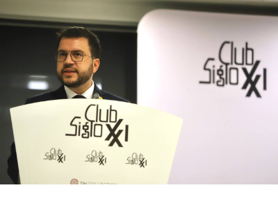 El president Aragonès durant la seva conferència a Madrid (foto: Rubén Moreno)