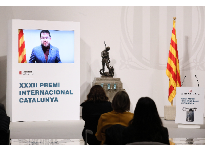 El president Aragonès, durant la seva intervenció telemàtica en l'acte. Autor: Jordi Bedmar