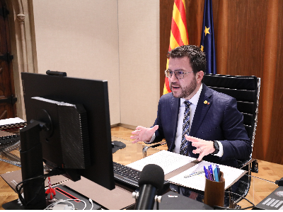 El president Aragonès s'ha contactat telemàticament a la jornada (Autor: Jordi Bedmar)
