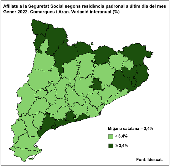 Mapa de Catalunya per comarques i Aran. Variació interanual (%) d'afiliats a la Seguretat Social segons residència padronal. Gener 2022