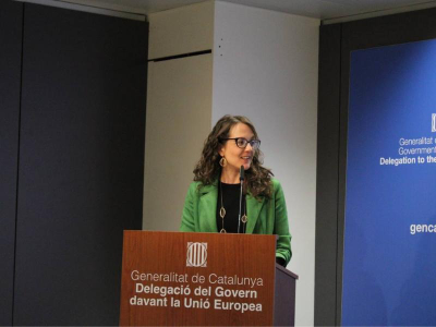 La consellera d'Igualtat i Feminismes, Tània Verge Mestre, intervé en la presentació de l'informe "La protecció de la llibertat de premsa i de la defensa dels drets humans a Catalunya".