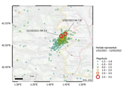 Mapa d'epicentres dels sismes de l'Alt Urgell des de principi de 2021