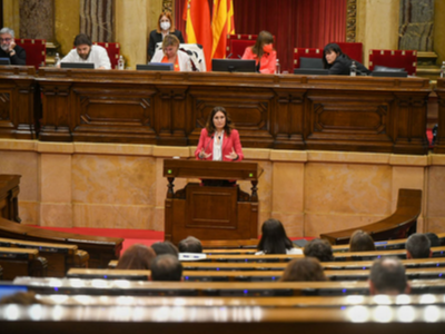 La consellera Vilagrà durant la seva intervenció avui a la sessió del Parlament