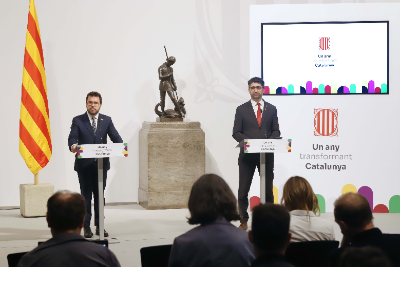 El president Aragonès i el vicepresident Puigneró durant la compareixença.
