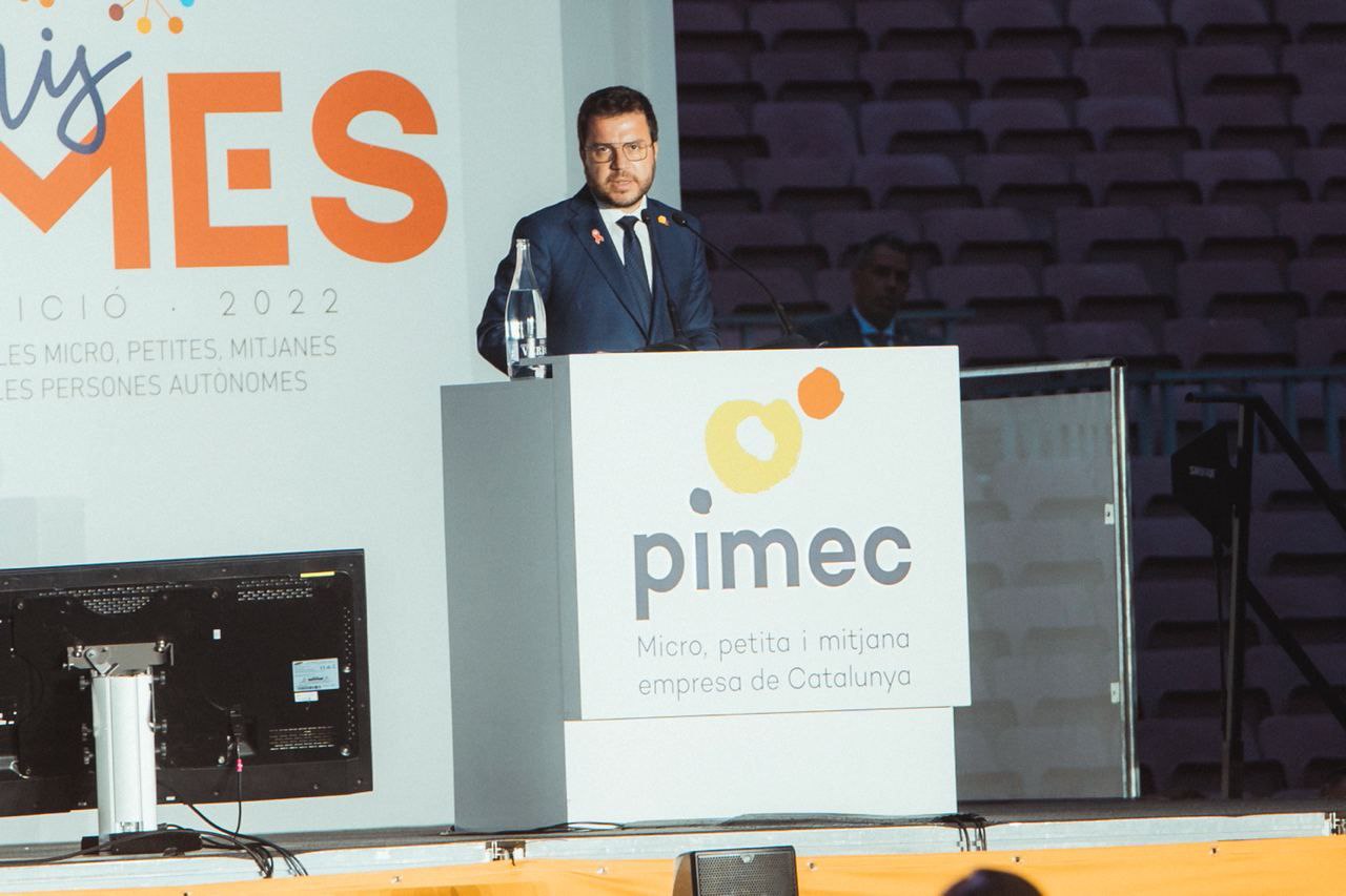 El president de la Generalitat, Pere Aragonès, durant la seva intervenció als premis Pimes.