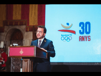El president Aragonès durant la seva intervenció en l'acte d'homenatge als 30 anys dels Jocs de Barcelona 92.