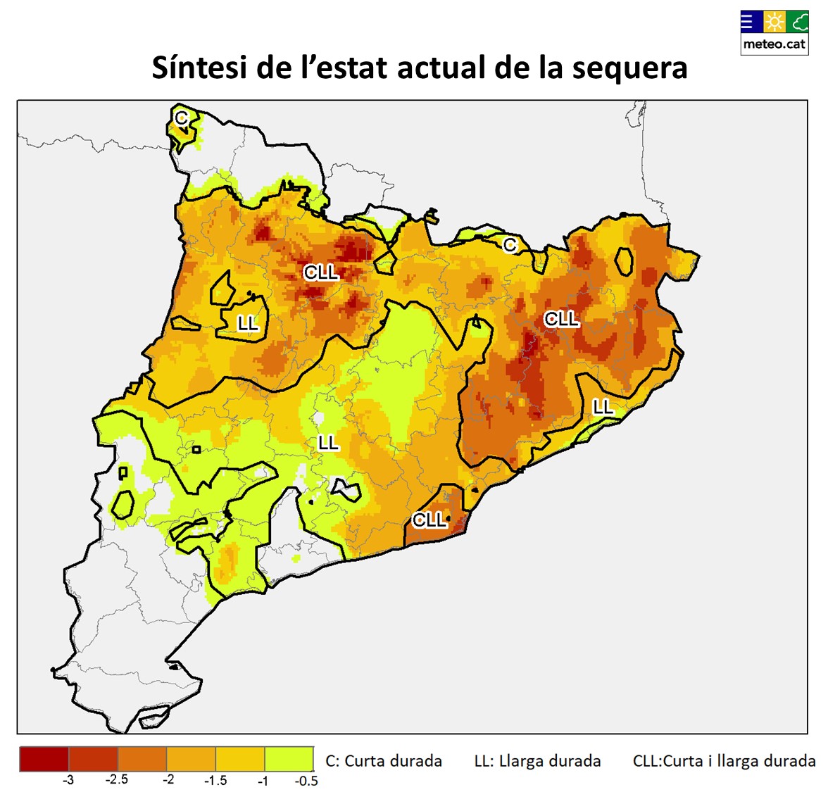 Figura 7. Síntesi de l’estat actual de la sequera a Catalunya a partir de l’estima de les condicions de dèficit hídric a curt (3 i 6 mesos) i llarg termini (12 i 24 mesos).