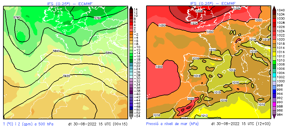 Altura geopotencial i temperatura a 500 hPa (esquerra) i pressió a nivell de mar (dreta) el 30 d’agost a les 15 UTC 