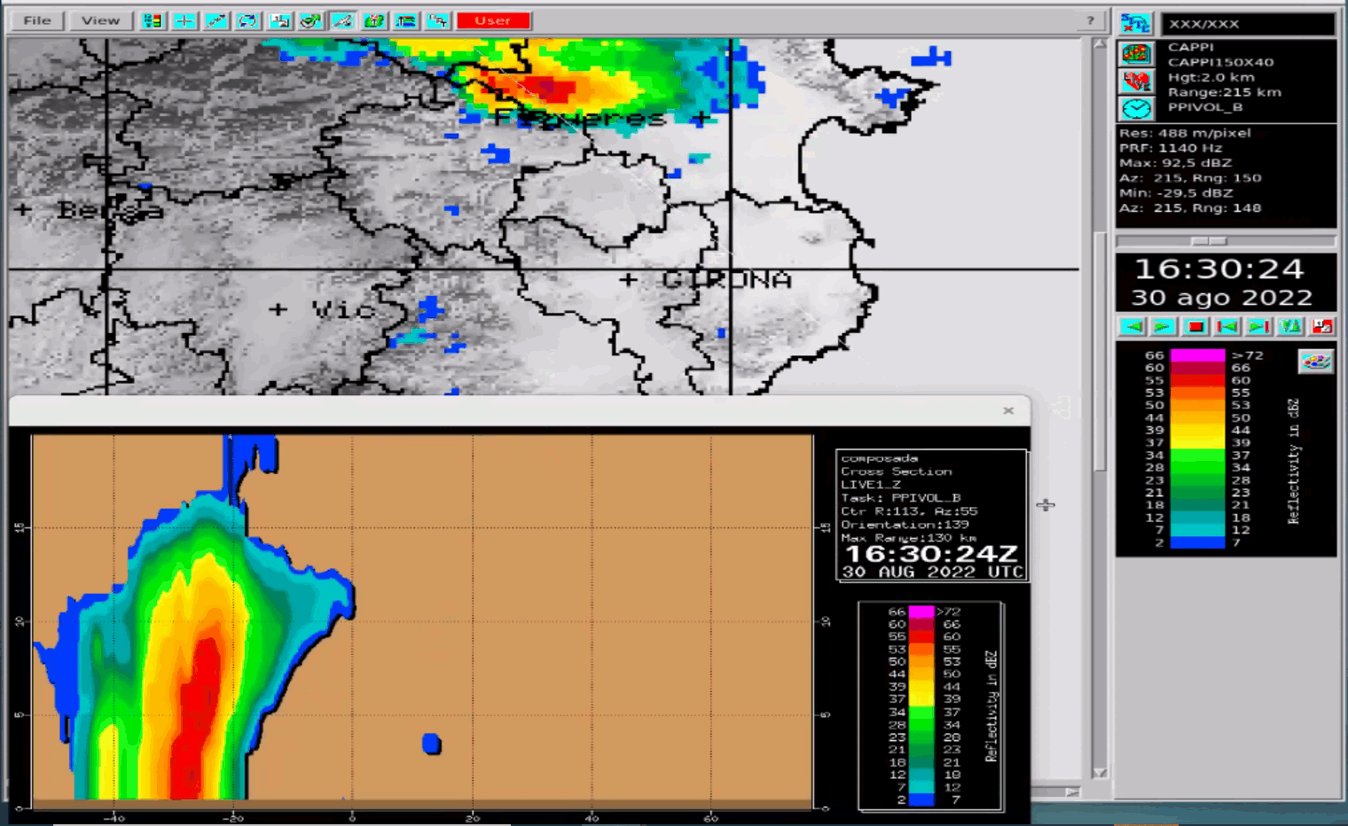 Imatges de reflectivitat del radar i perfil vertical de la tempesta a les 17:30 TU