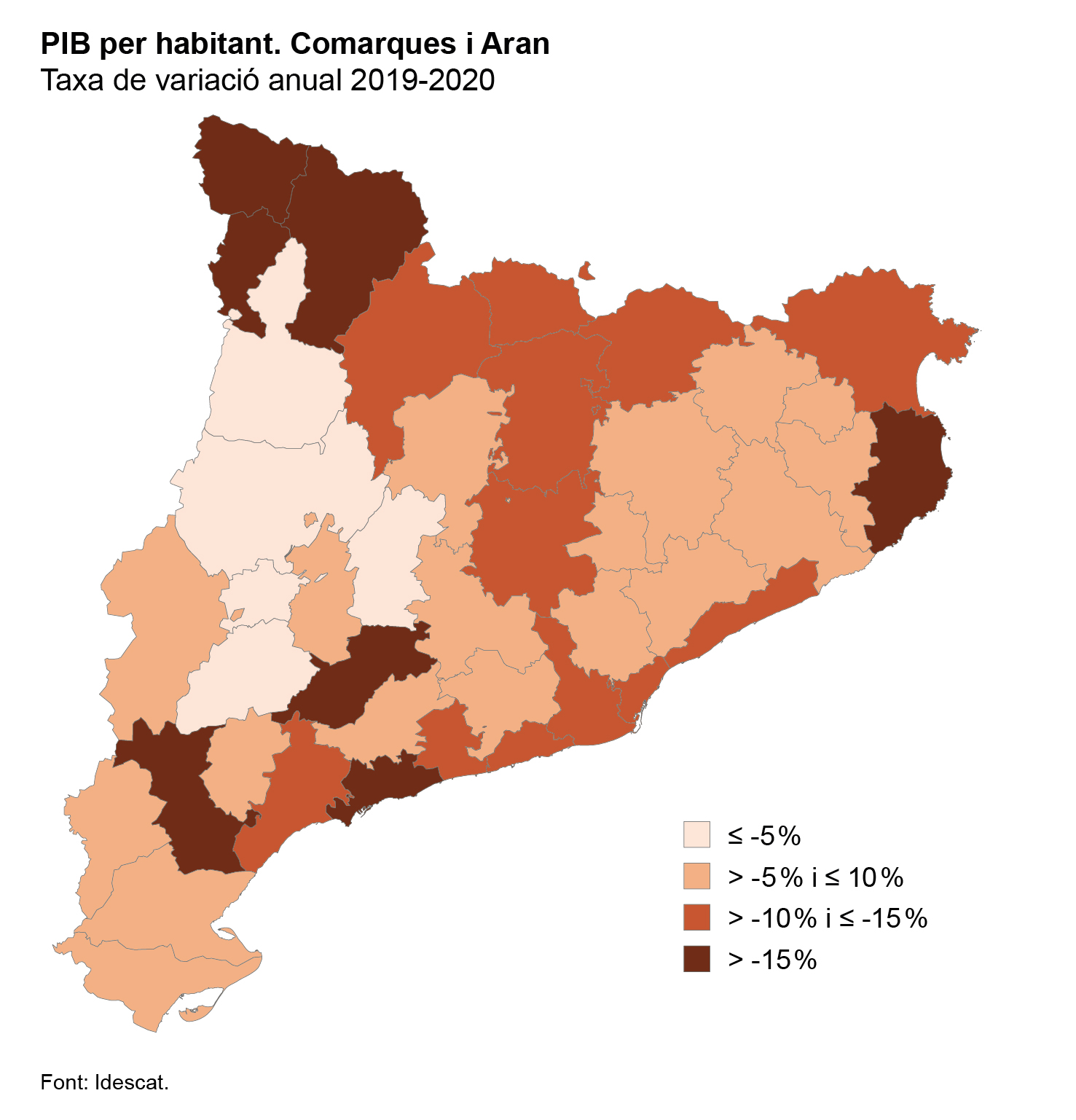 Mapa comarcal. PIB per habitant. Variació anual 2020