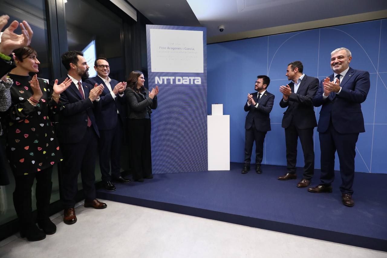 El president Aragonès durant la inauguració de la nova seu corporativa d’NTT Data.