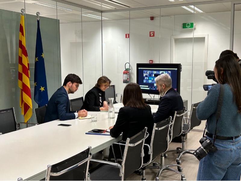 La consellera Serret, durant la reunió telemàtica del Comitè Català d'Ajut Humanitari d'Emergència, a la seu de la Delegació del Govern davant la Unió Europea.