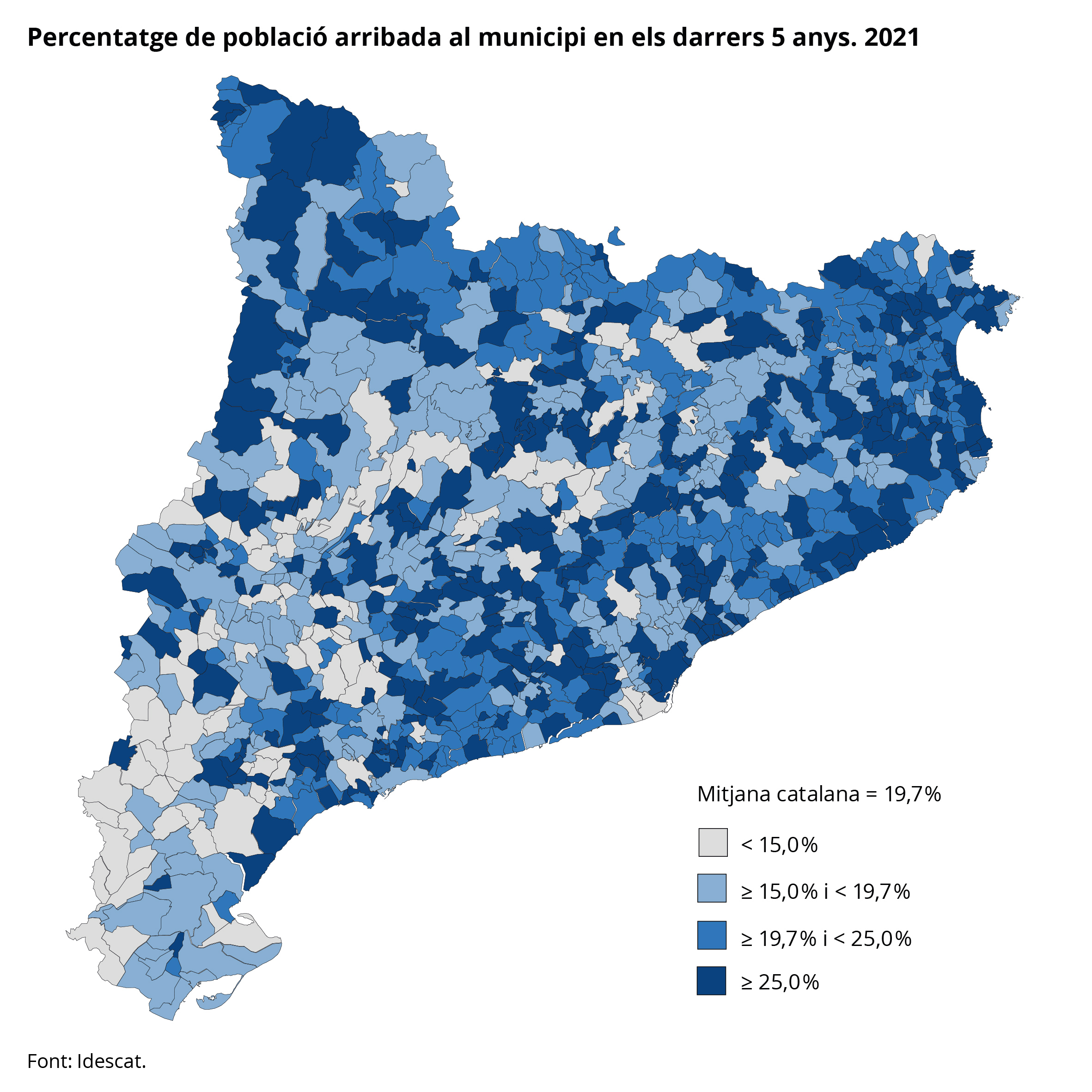 Mapa 2. Percentatge de població arribada al municipi en els darrers 5 anys. Municipis de Catalunya. 2021