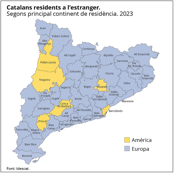Mapa. Catalans a l'estranger, segons principal continent de residència. 2023