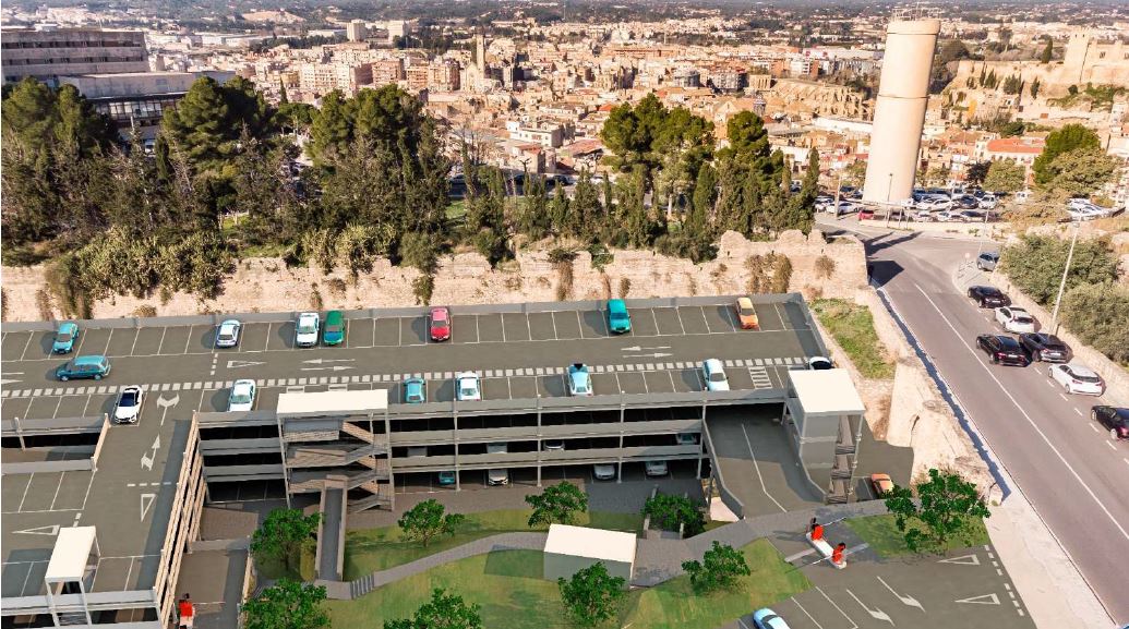 Render de l'aparcament provisional de l'Hospital de Tortosa Verge de la Cinta al fossat.