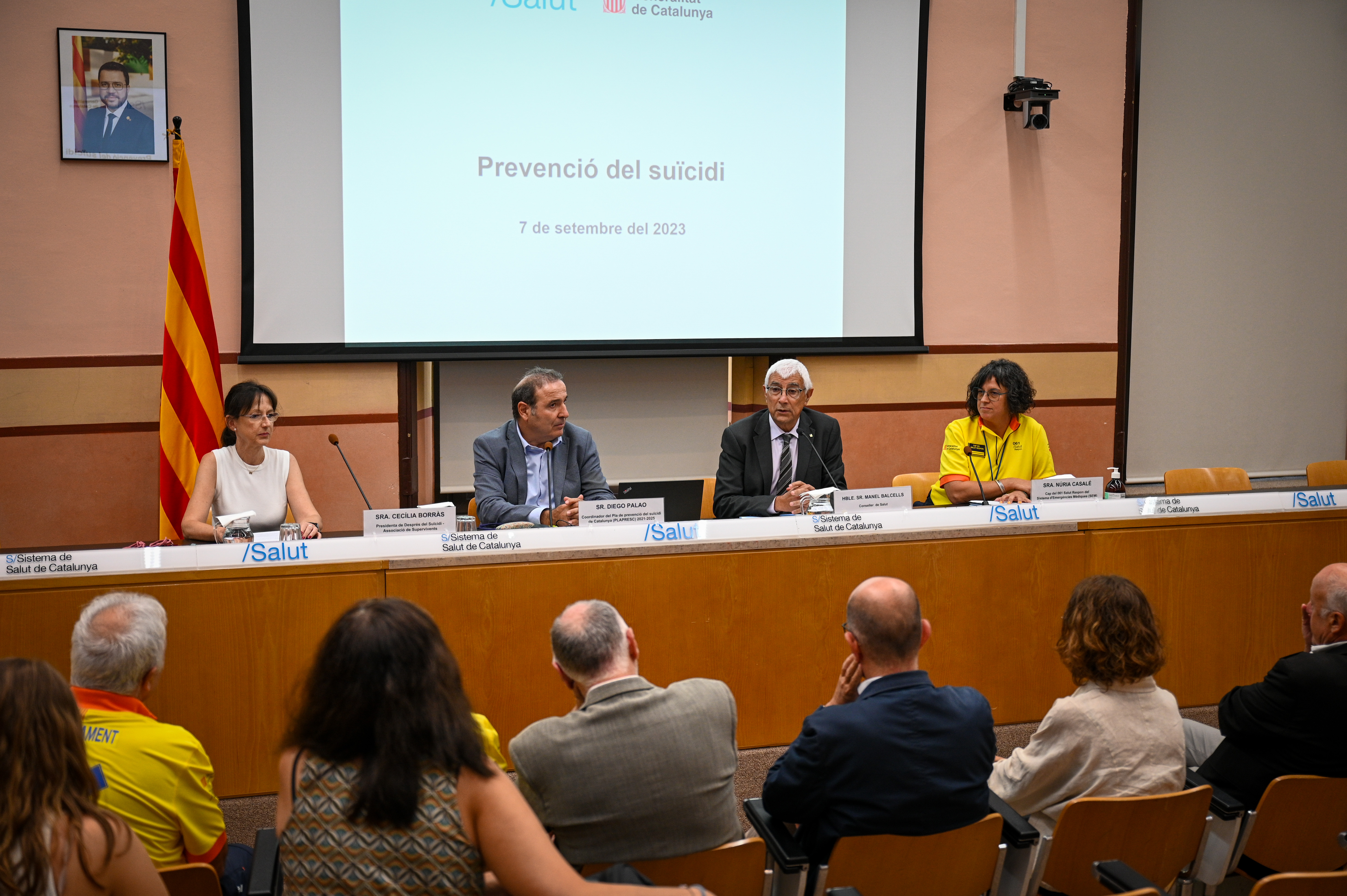 Imatge de la roda de premsa d'avui al Departament amb Manel Balcells, Diego Palao, Núria Casalé i Cecília Borràs.