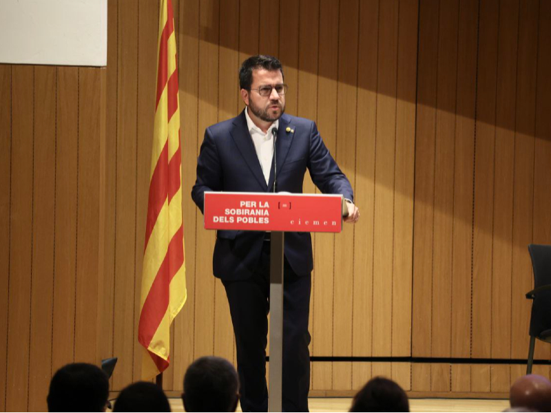 El president Aragonès, en un moment de la seva intervenció (autor: Rubén Moreno)
