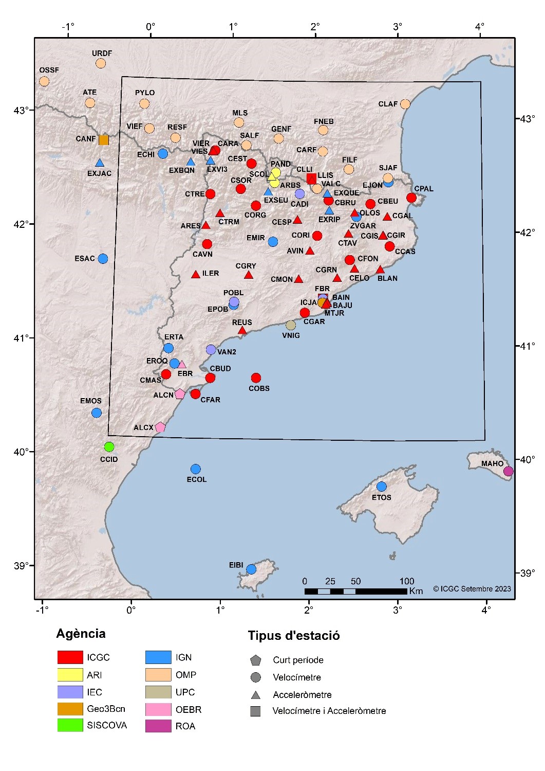 Estacions que conformen la Xarxa sísmica de Catalunya, utilitzades per l’ICGC per al monitoreig de la sismicitat del territori. En vermell, les que son propietat de l’ICGC.