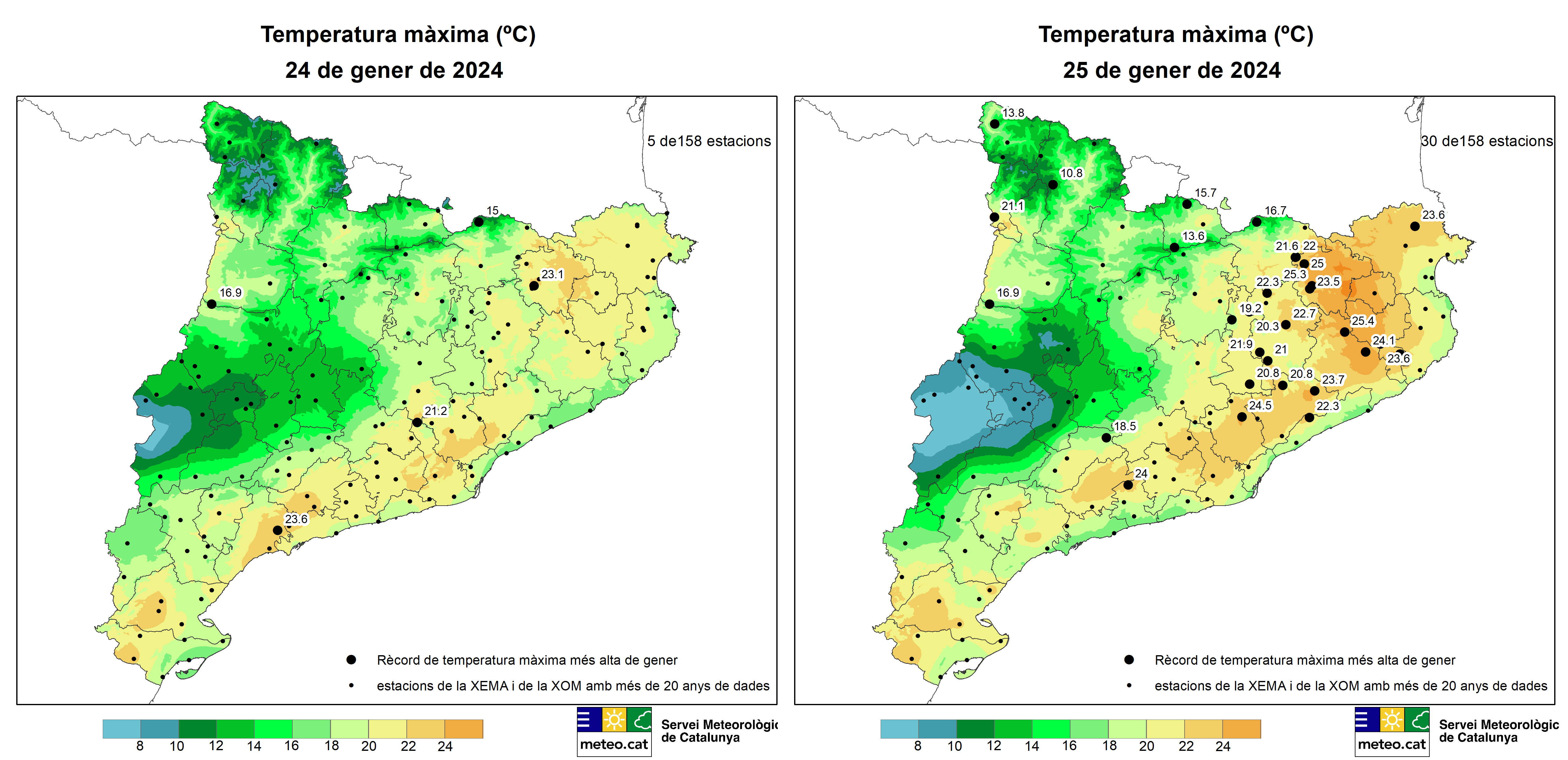 Mapes amb la distribució de la temperatura màxima i els rècords dels dies 24 i 25 de gener