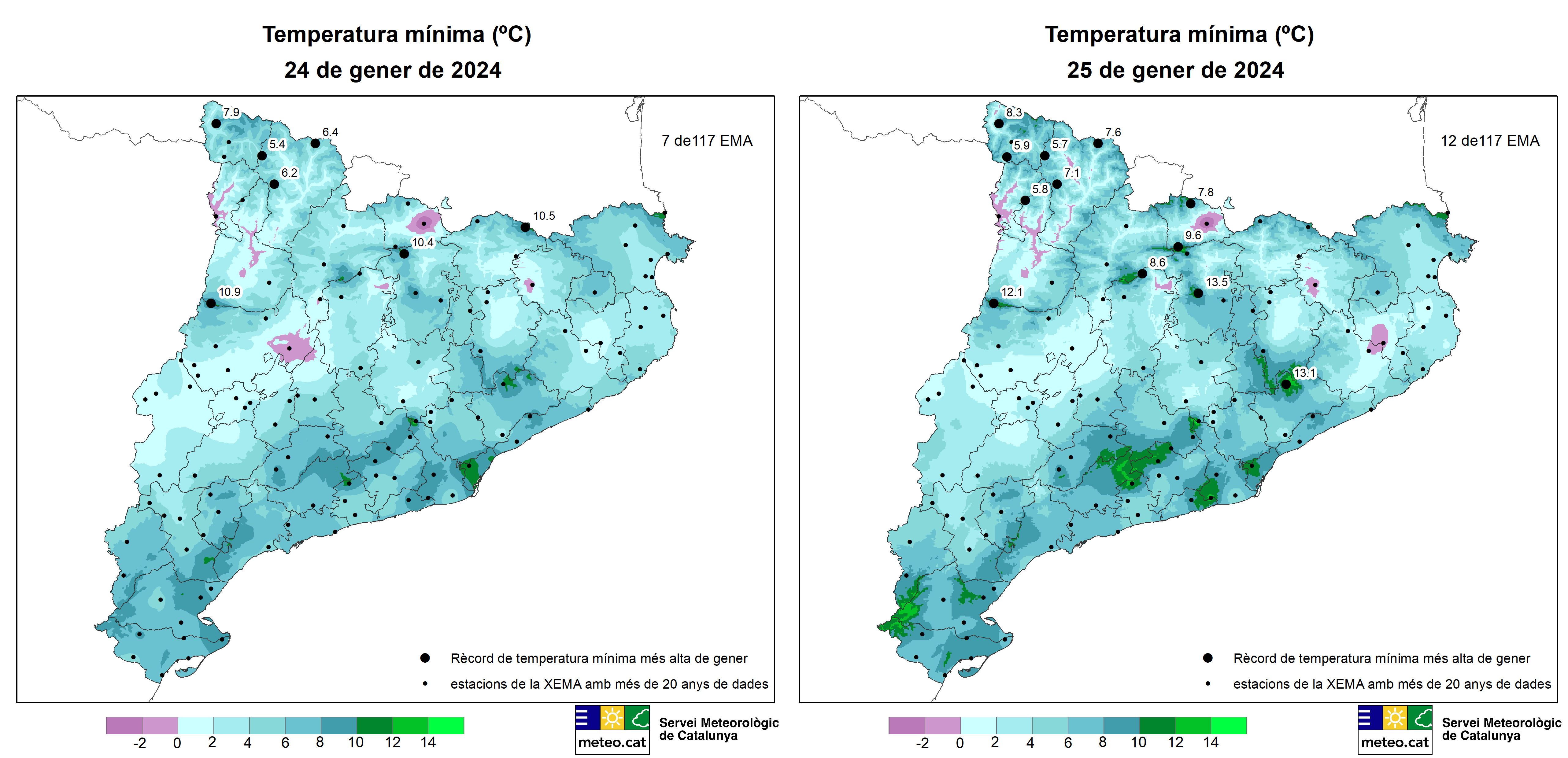 Mapes de distribució de la temperatura mínima i els rècords dels dies 24 i 25 de gener