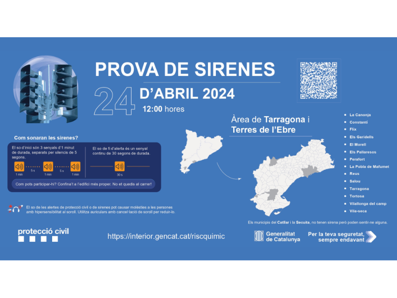 Imagen del artículo RECORDATORI: Demà dimecres 24 d'abril, a les 12 hores, sonaran 52 sirenes de risc químic a Terres de l'Ebre i Tarragona i s'enviarà una alerta als mòbils de la zona