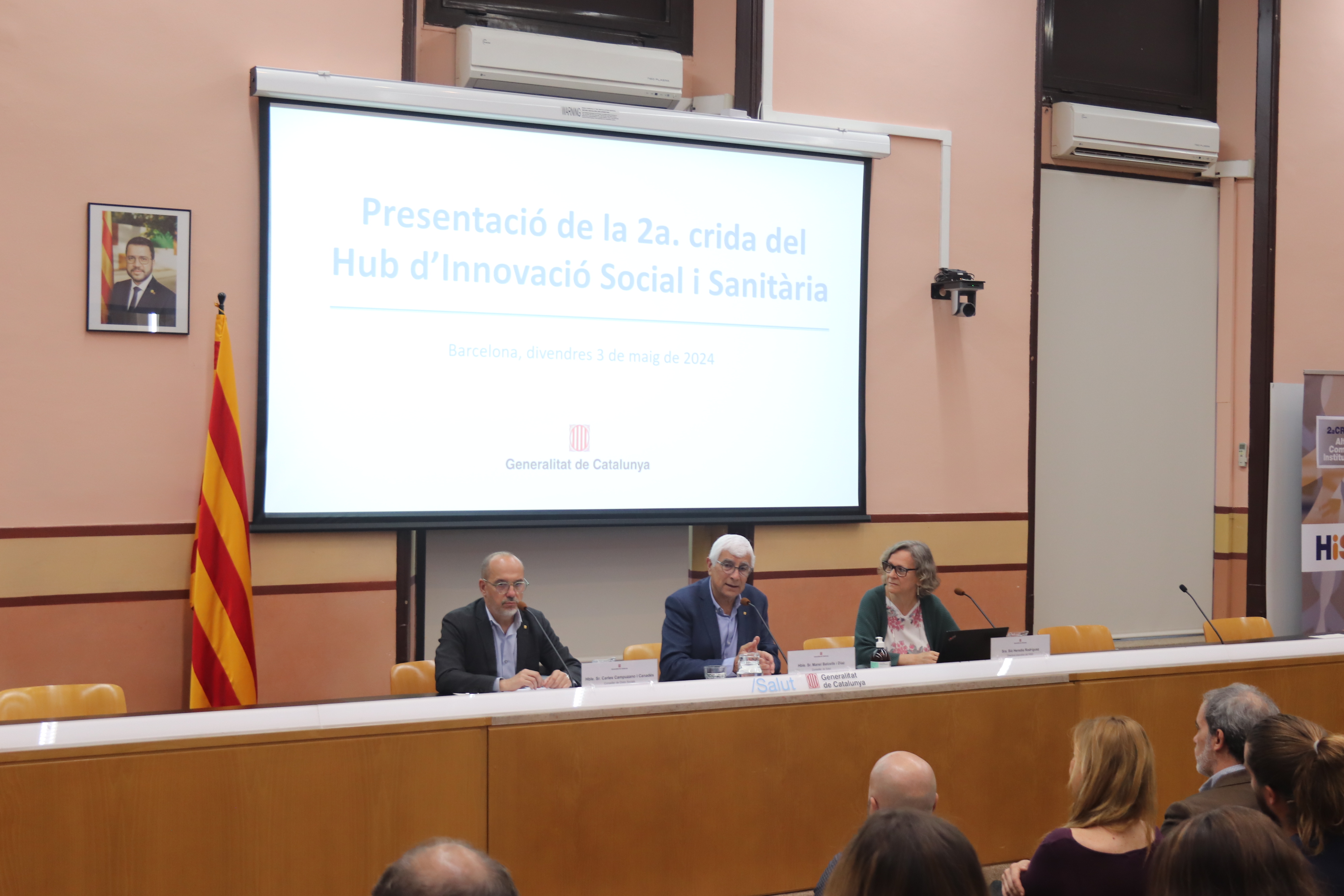 El conseller de Salut, Manel Balcells i Díaz, i el conseller de Drets Socials, Carles Campuzano i Canadés, aquest matí durant la presentació de la segona crida del Hub d’Innovació Social i Sanitària (HiSS).
