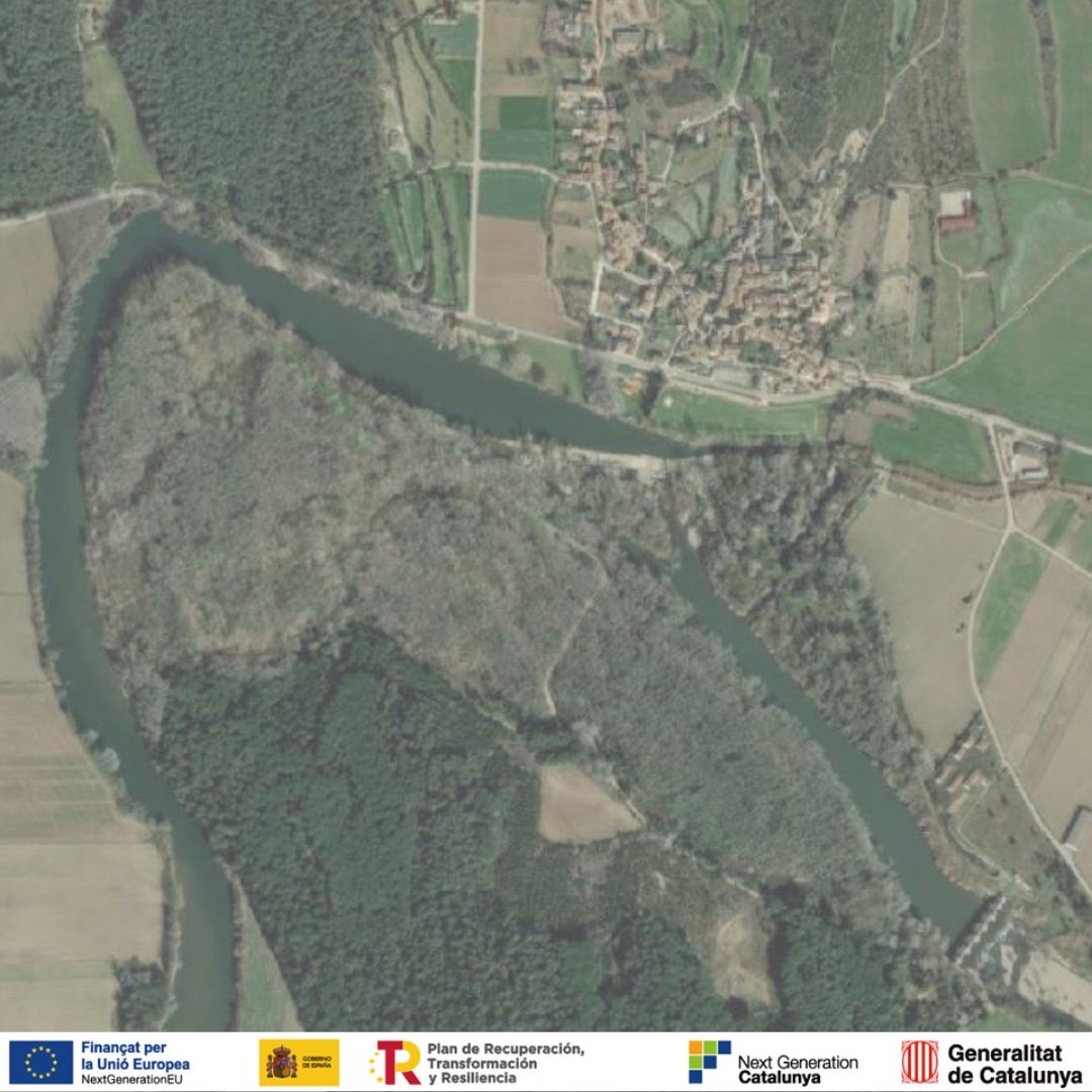 Vista aèria de la zona on es duran a terme els treballs, dins els termes municipals de Foixà i Colomers.