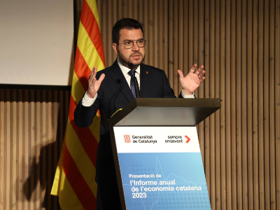 El president durant la presentació de l'Informe Anual de l'Economia Catalana 2023. Fotografia: Rubén Moreno
