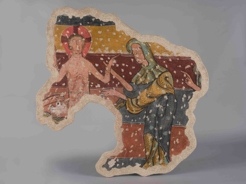 Fragment de pintura mural romànica amb una escena de 'El Bany de Jesús'.