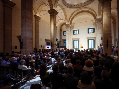 El president Aragonès durant la seva intervenció a l'acte de restitució del Saló de Sant Jordi | Fotografia: Jordi Bedmar