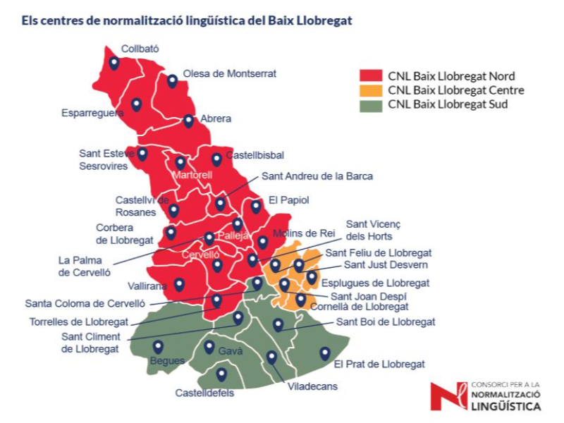 Mapa dels Centres de Normalització Lingüística del Baix Llobregat