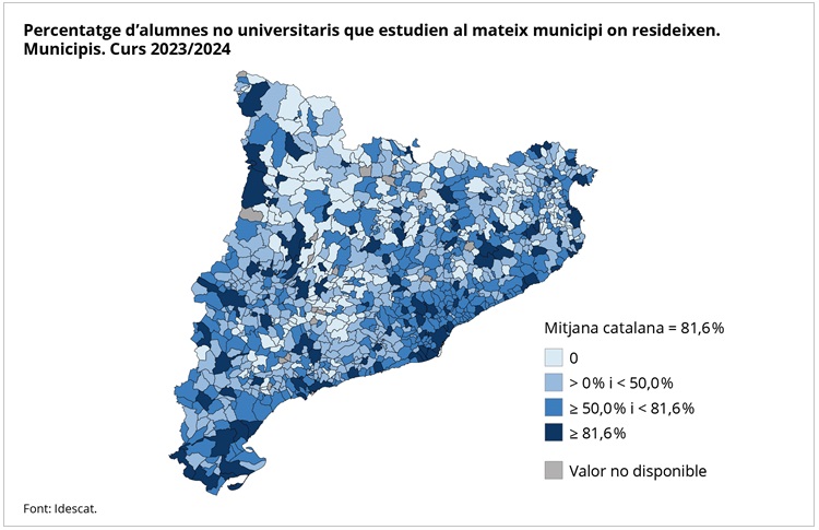 Mapa. Percentatge d'alumnes no universitaris que estudien al mateix municipi on resideixen. Municipis de Catalunya. Curs 2023/2024