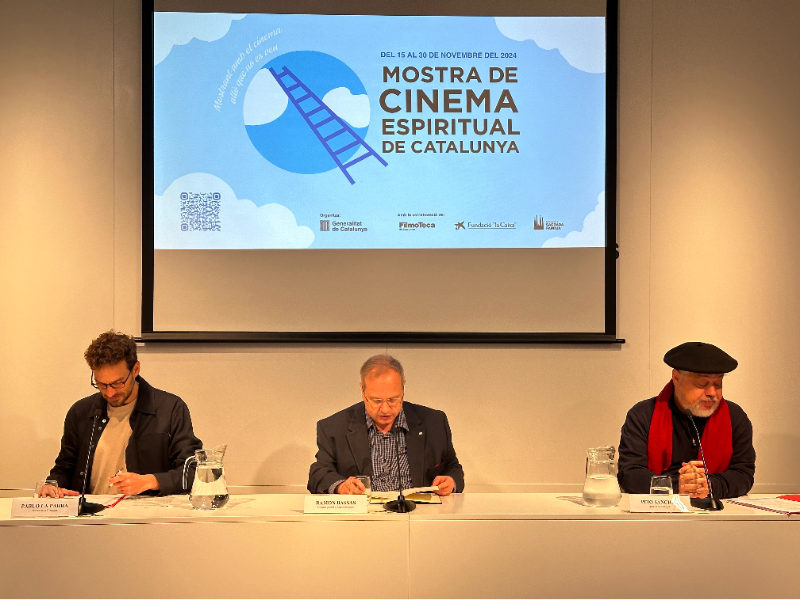 Presentació de la Mostra de Cinema Espiritual de Catalunya amb director general d¿Afers Religiosos, Ramon Bassas, el director de continguts, Peio Sánchez, i el director de la Filmoteca, Pablo La Parra.