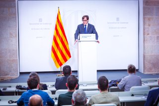 El president Illa, en la seva intervenció de la roda de premsa (Foto: Jordi Bedmar)