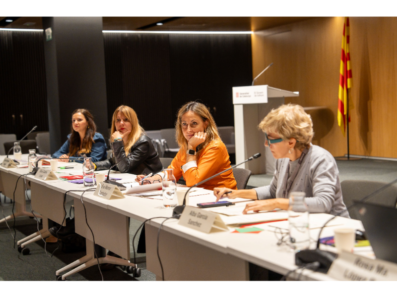 La vicepresidenta segona del CNDC, Eugènia Bretones Espejo; la presidenta de l'ICD, Sònia Guerra López; la consellera d'Igualtat i Feminisme, Eva Menor Cantador, i la directora general de l'ICD, Alba Garcia Sánchez, al plenari del CNDC