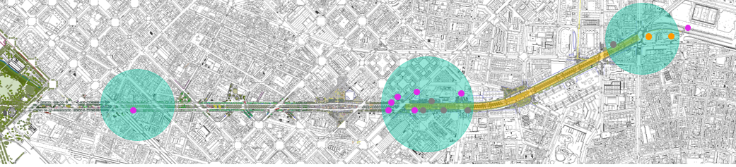D’esquerra a dreta, àmbits de Clot-Aragó, de la Sagrera i de Fabra i Puig. De color lila, les noves parades per als busos interurbans. De color lila ombrejat, les parades actuals que deixen d’operar amb les obres. De color taronja, parades existents que es mantenen. De color groc, àmbit d’obres.