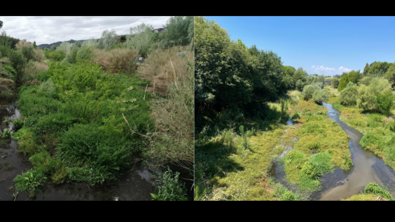  Tram del riu Ridaura on s'ha fet l'actuació, comparant l'abans i el després dels treballs.